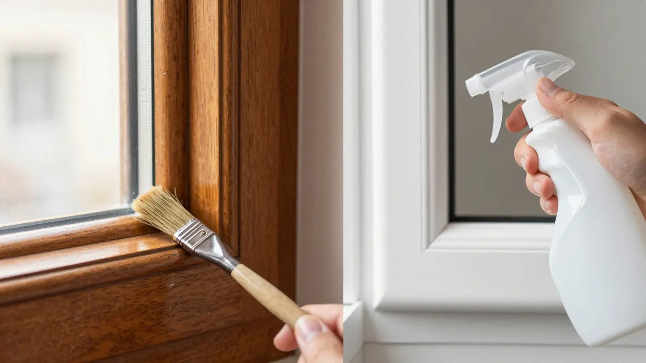 Vergleich zwischen der Pflege eines Holzfensterrahmens und eines Kunststofffensters.