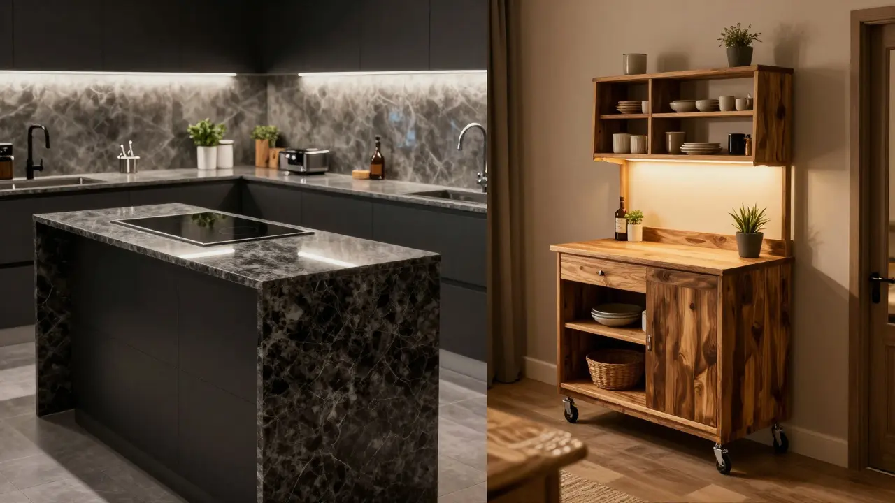 Vergleich zwischen einer luxuriösen Granitinsel und einem mobilen Küchenwagen.