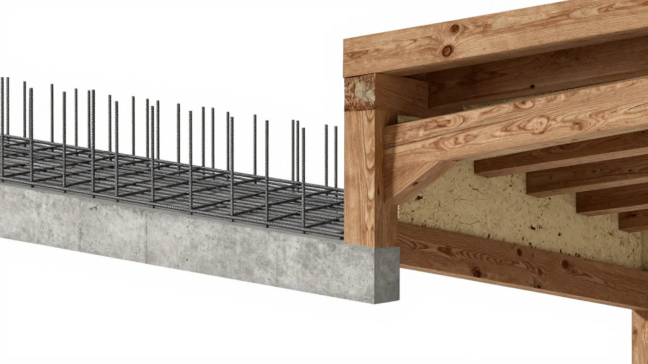Vergleich zwischen einer Stahlbetondecke und einer Holzbalkendecke