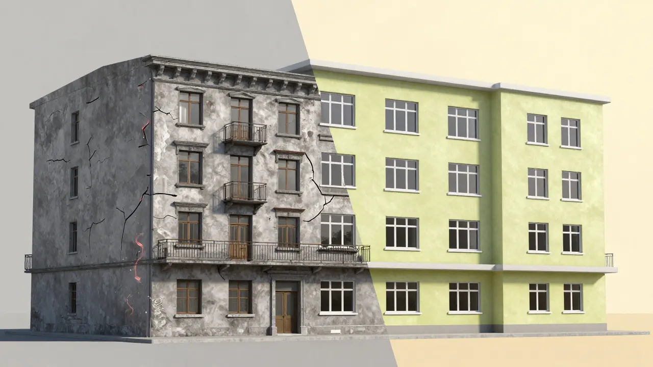 Vergleich zwischen einer unsanierten Altbaufassade und einer modernisierten Fassade.