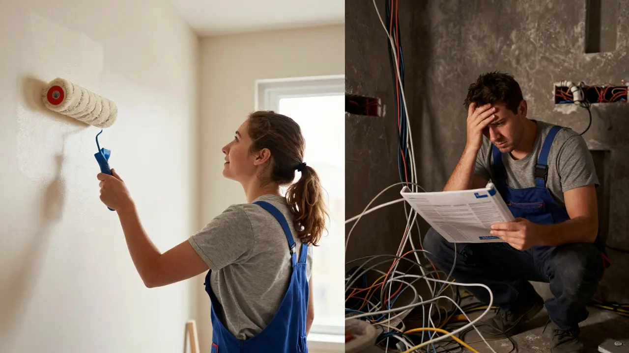 Vergleich zwischen einfachem Streichen einer Wand und komplexer Elektroinstallation.