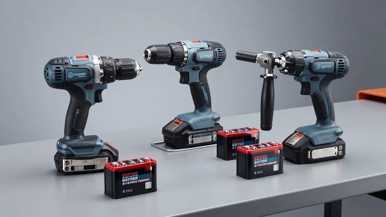 Verschiedene Akku-Werkzeuge mit kompatiblen Lithium-Ionen-Akkus auf einer Werkbank.