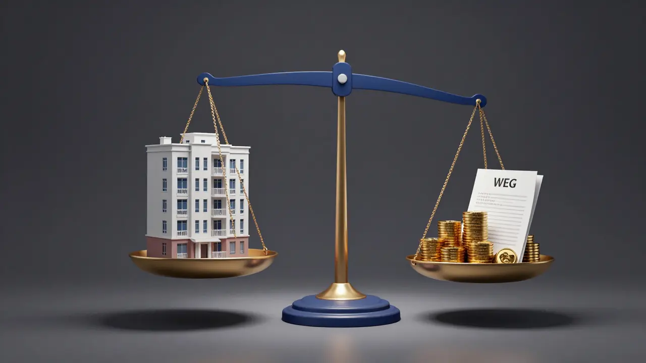Waage mit einem Modellgebäude und Goldmünzen, die rechtliche Vorrechte der WEG darstellen.