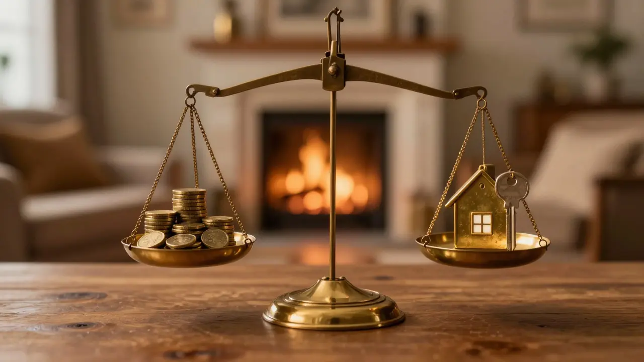 Waage mit Münzen und Hausschlüssel als Symbol für finanzielle Balance