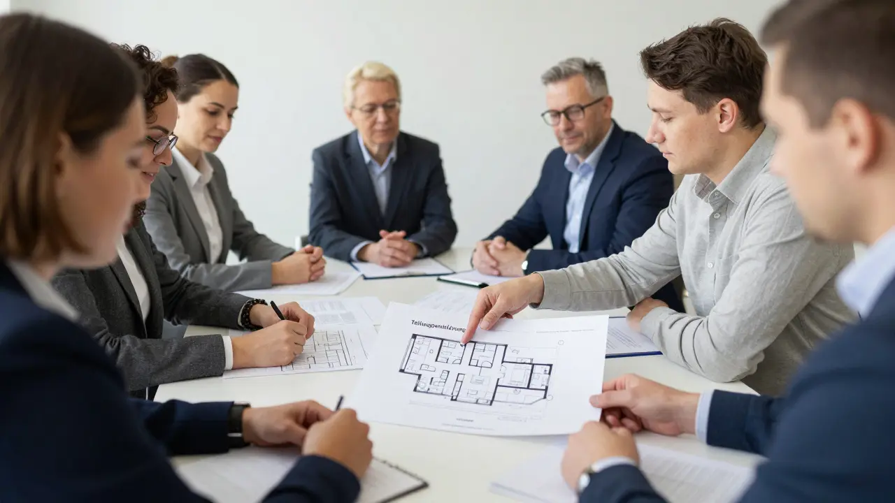 Wohnungseigentümerversammlung bespricht Baupläne und rechtliche Unterlagen.