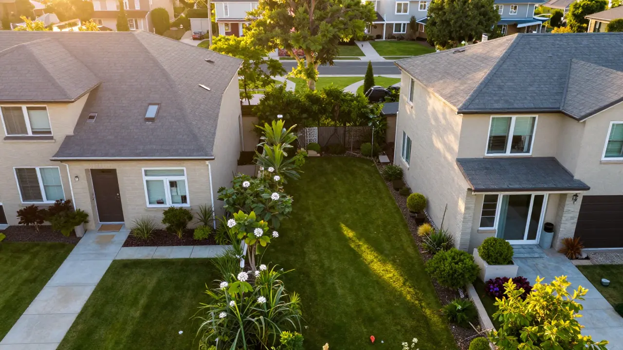 Zwei Wohnhäuser mit einem grünen Gartenstreifen als Pufferzone