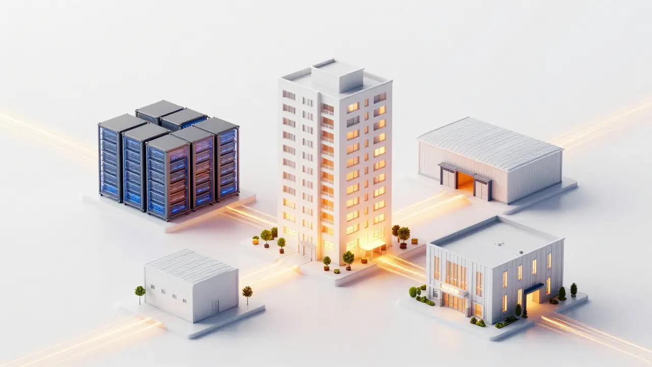 3D-Illustration verschiedener Immobiliensegmente wie Wohnen und Rechenzentren