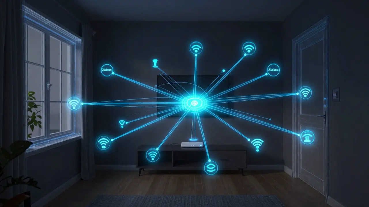 Abstrakte Visualisierung eines vernetzten Smart-Home-Sensor-Netzwerks