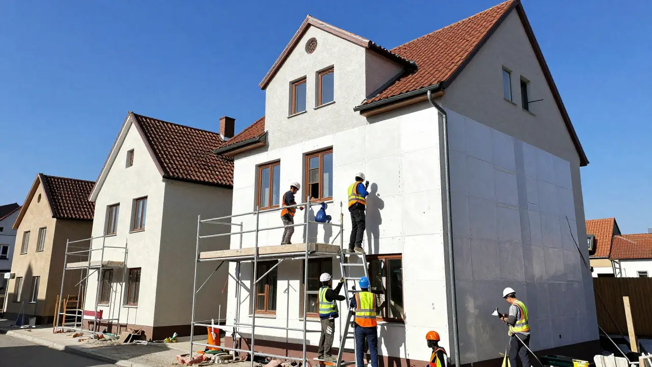 Arbeiter installieren Fassadendämmplatten an einem Reihenhaus mit Gerüst unter blauem Himmel.