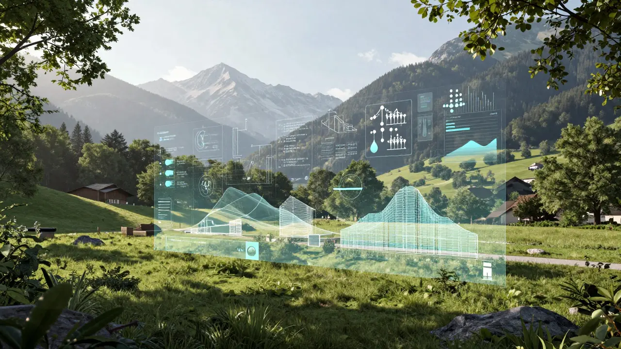 Digitale Analyse einer Bauparzelle mit Landschaftshintergrund