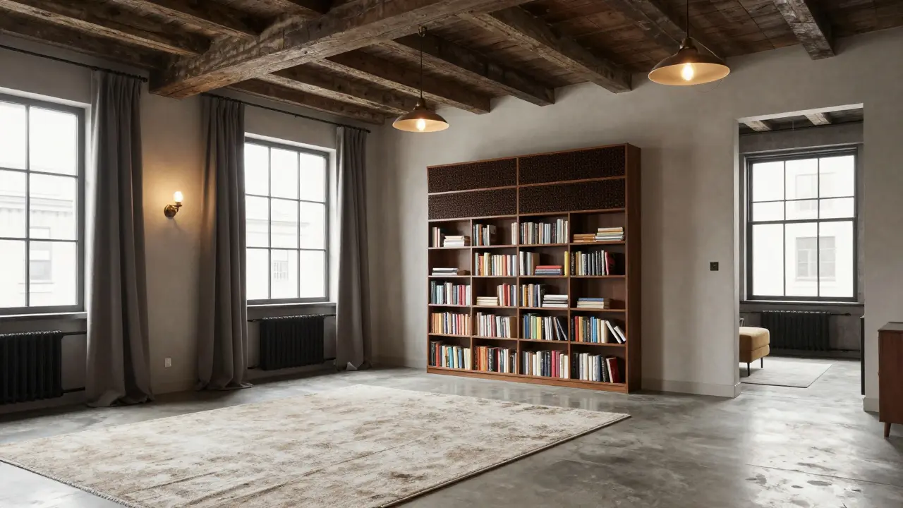 Eingerichtetes Loft mit Vorhängen und Teppichen zur Verbesserung der Akustik