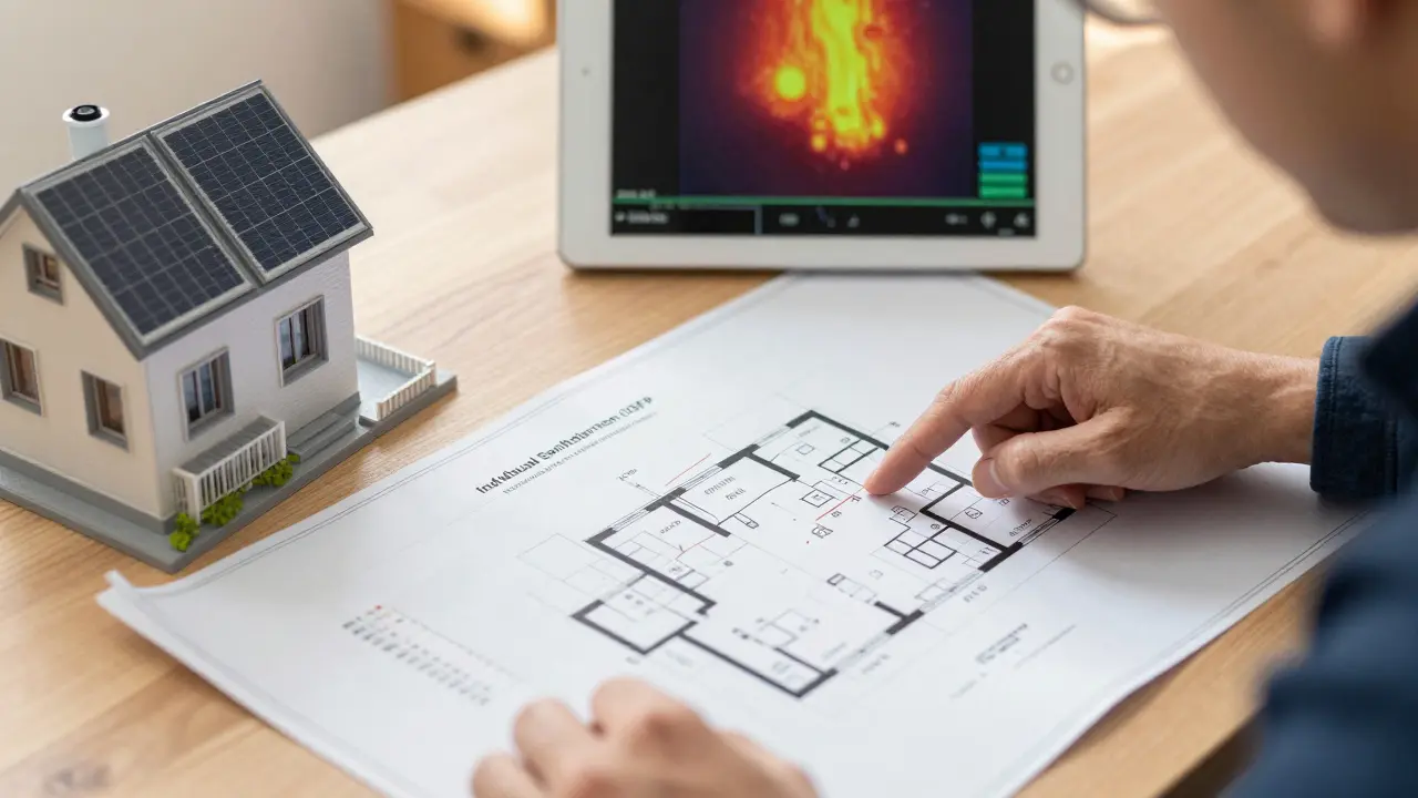 Energieberater analysiert Baupläne für einen individuellen Sanierungsfahrplan