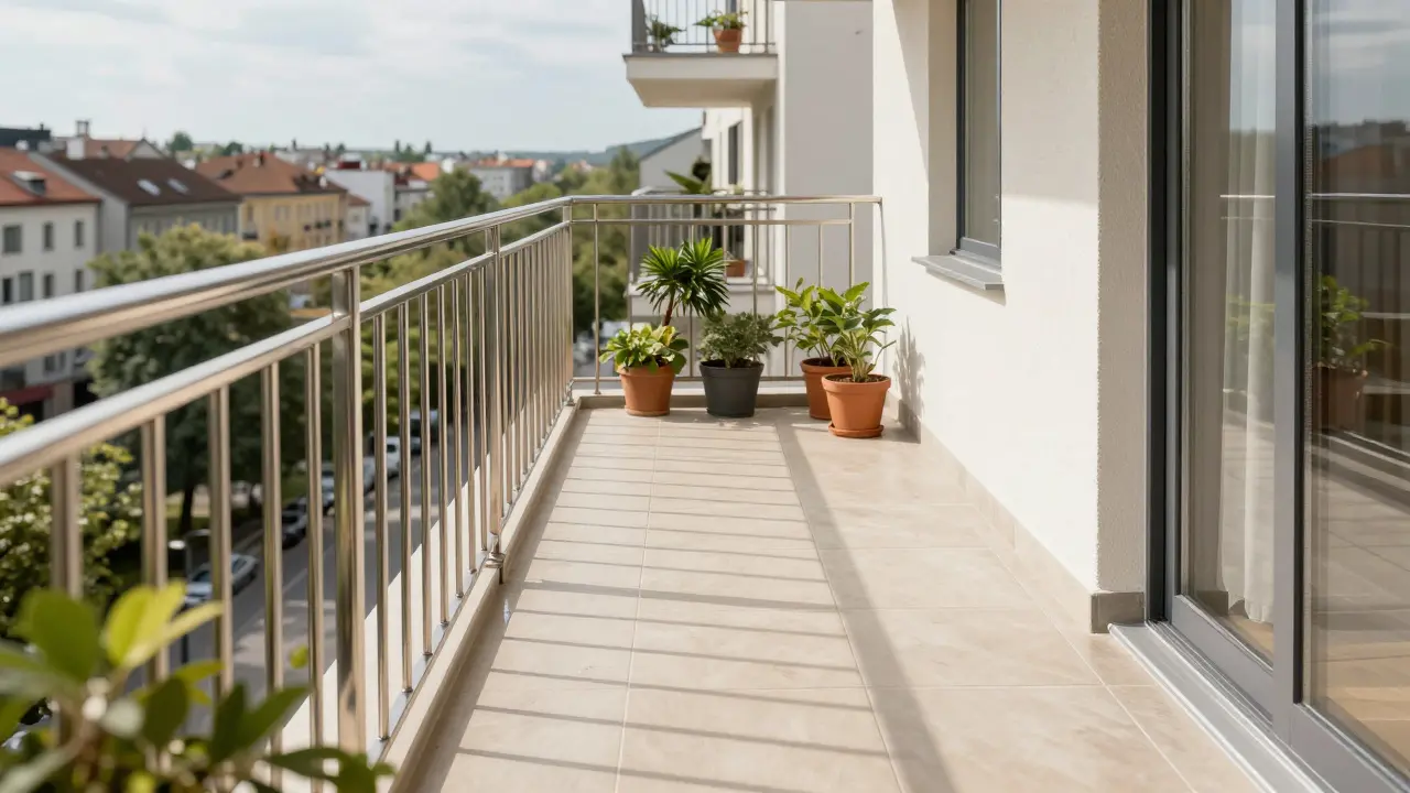 Frisch sanierte Terrasse mit neuen Fliesen und sicherem Geländer