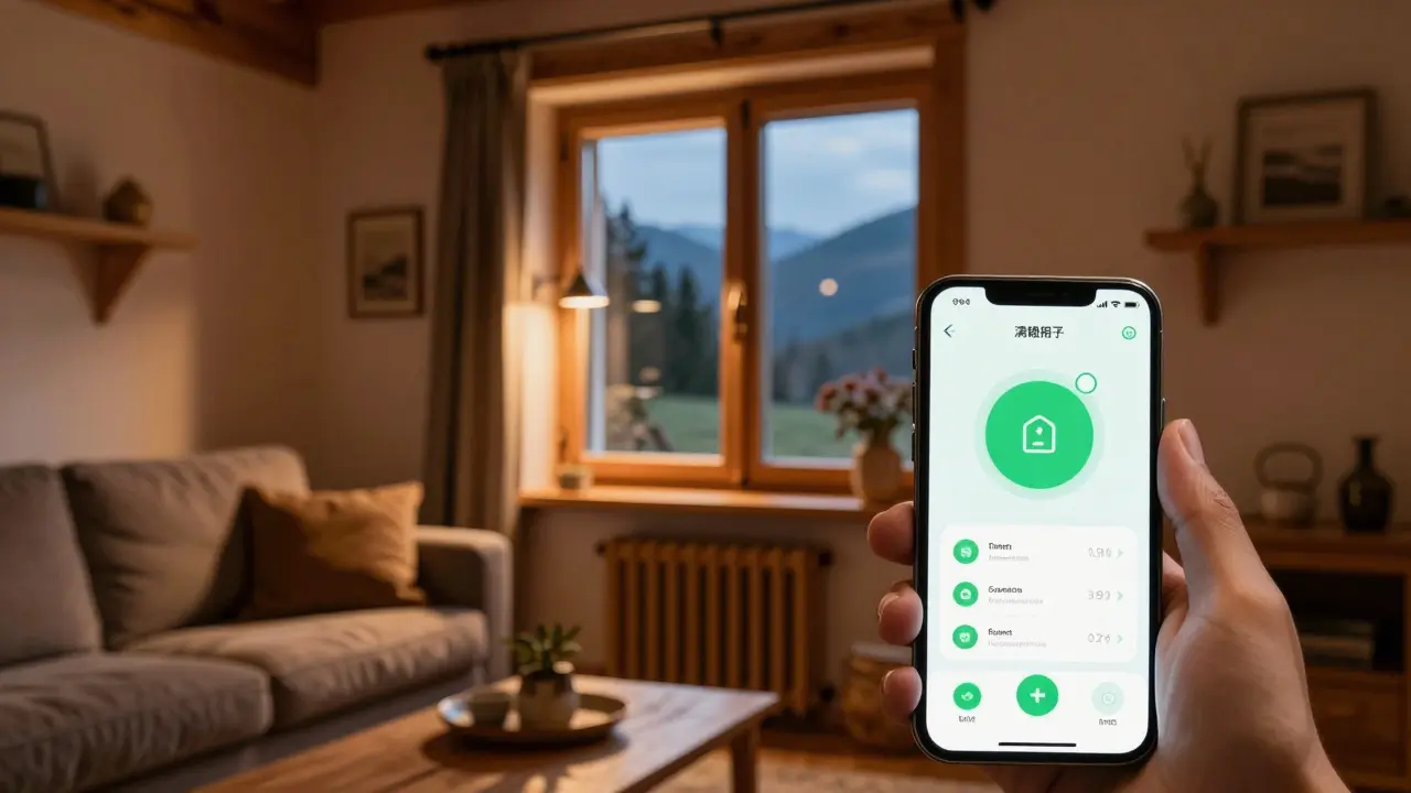Gemütliches Wohnzimmer mit geöffnetem Fenster und automatischem Licht