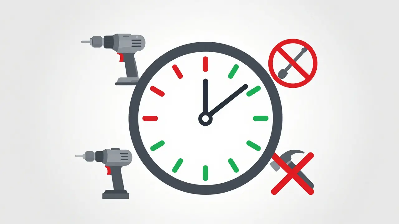 Grafik mit Uhr und Baustellensymbolen zur Veranschaulichung von Ruhezeiten