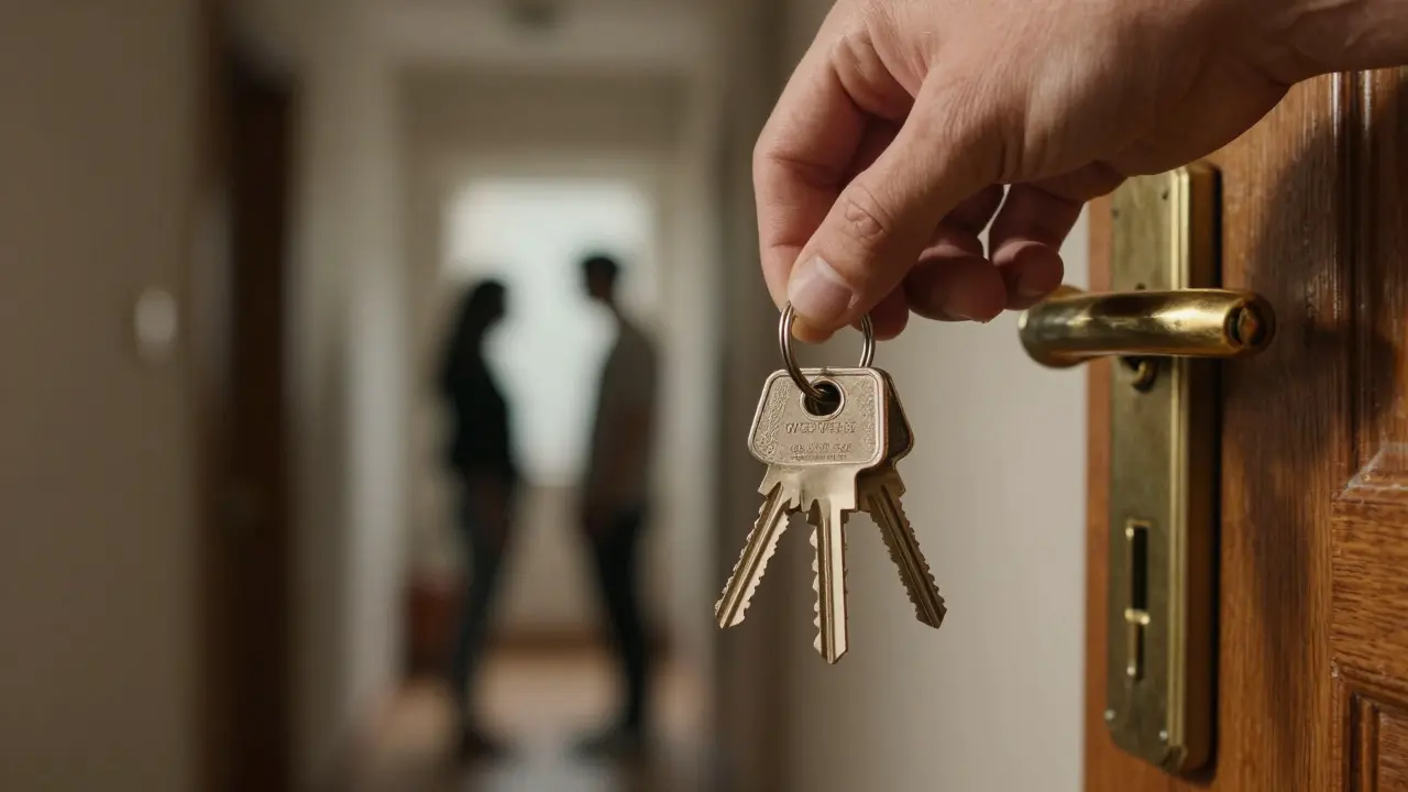 Hand hält Schlüssel vor einer Wohnungstür im Flur