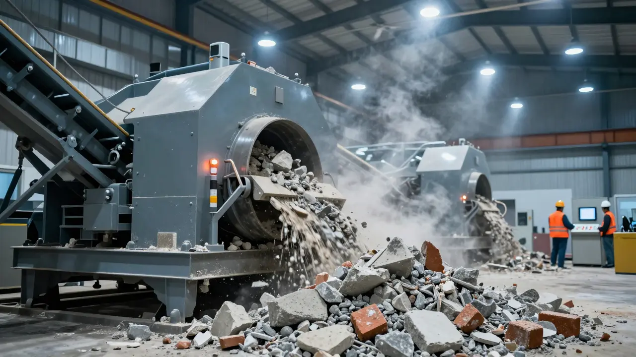 Industrielle Recyclinganlage zerkleinert Bauschutt zu Sekundärkies