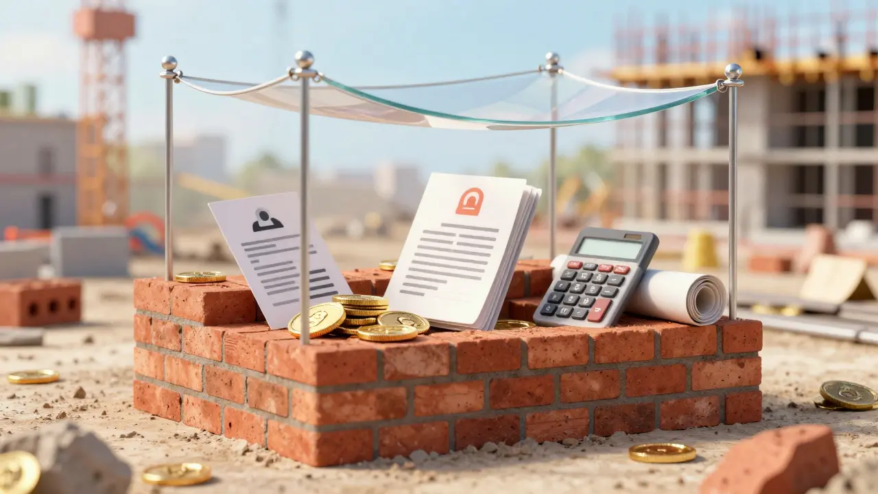 Konzeptbild: Fundament aus Geld und Dokumenten mit Sicherheitsnetz