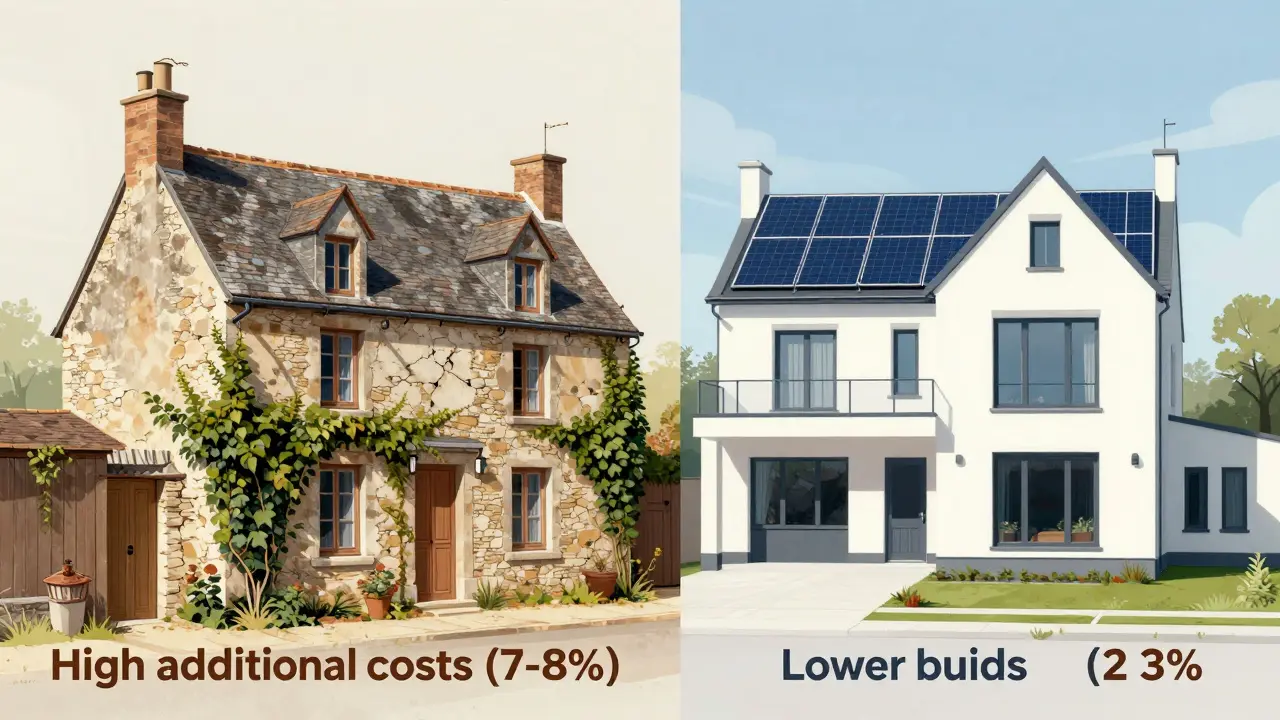 Kunstvoller Vergleich zwischen altem Steinhäuschen und modernem Neubau in Frankreich