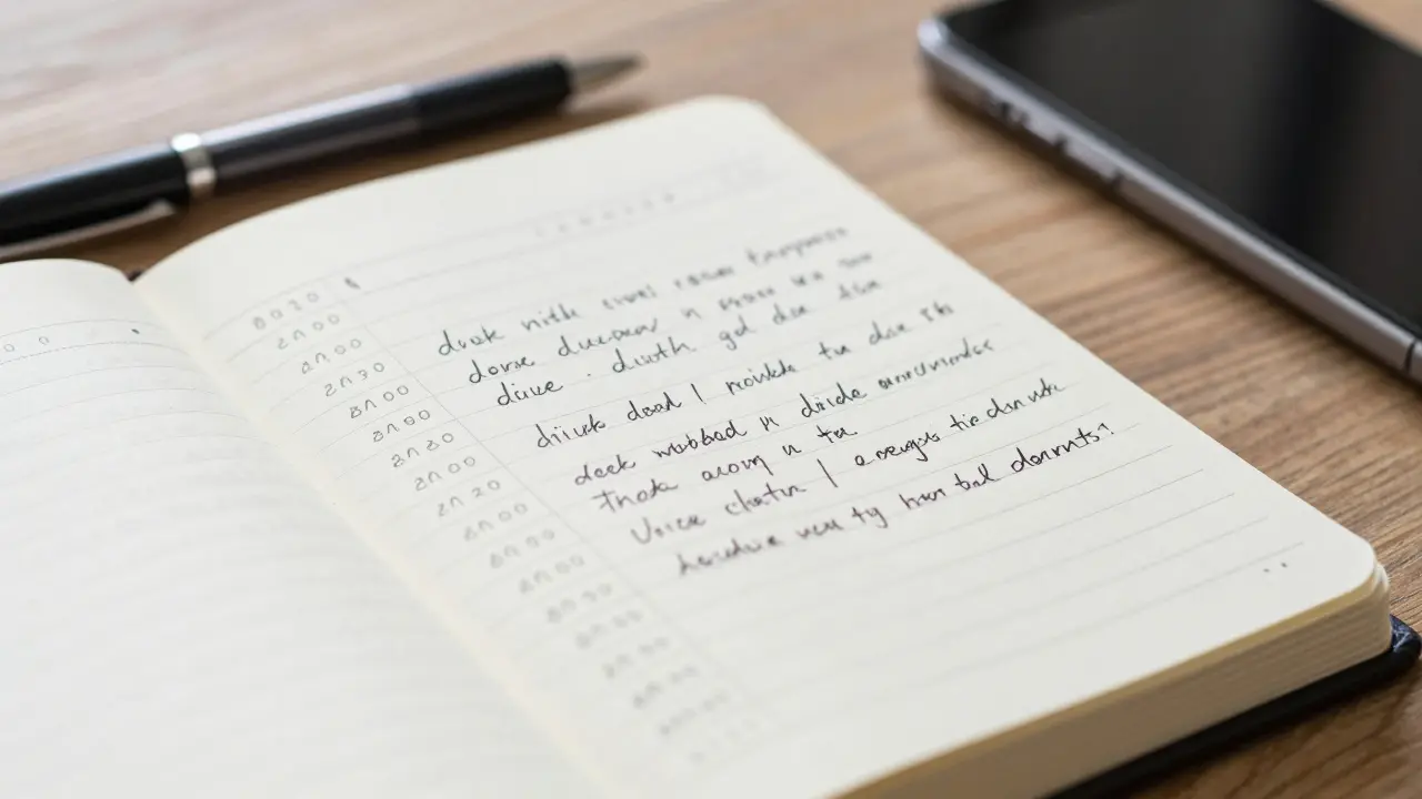 Notizbuch mit Lärmprotokoll-Einträgen auf einem Schreibtisch als Beweismittel