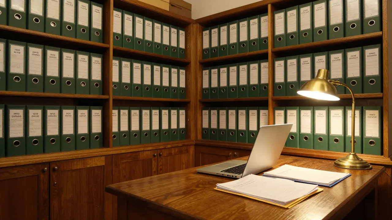 Ordnungsgemäß archivierten Mietdokumente auf Holzregalen