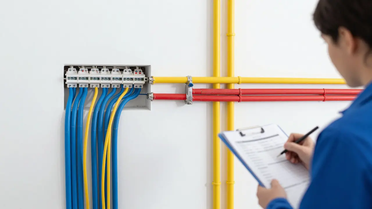 Ordnungsgemäß getrennte Elektro- und Wasserleitungen im Schacht