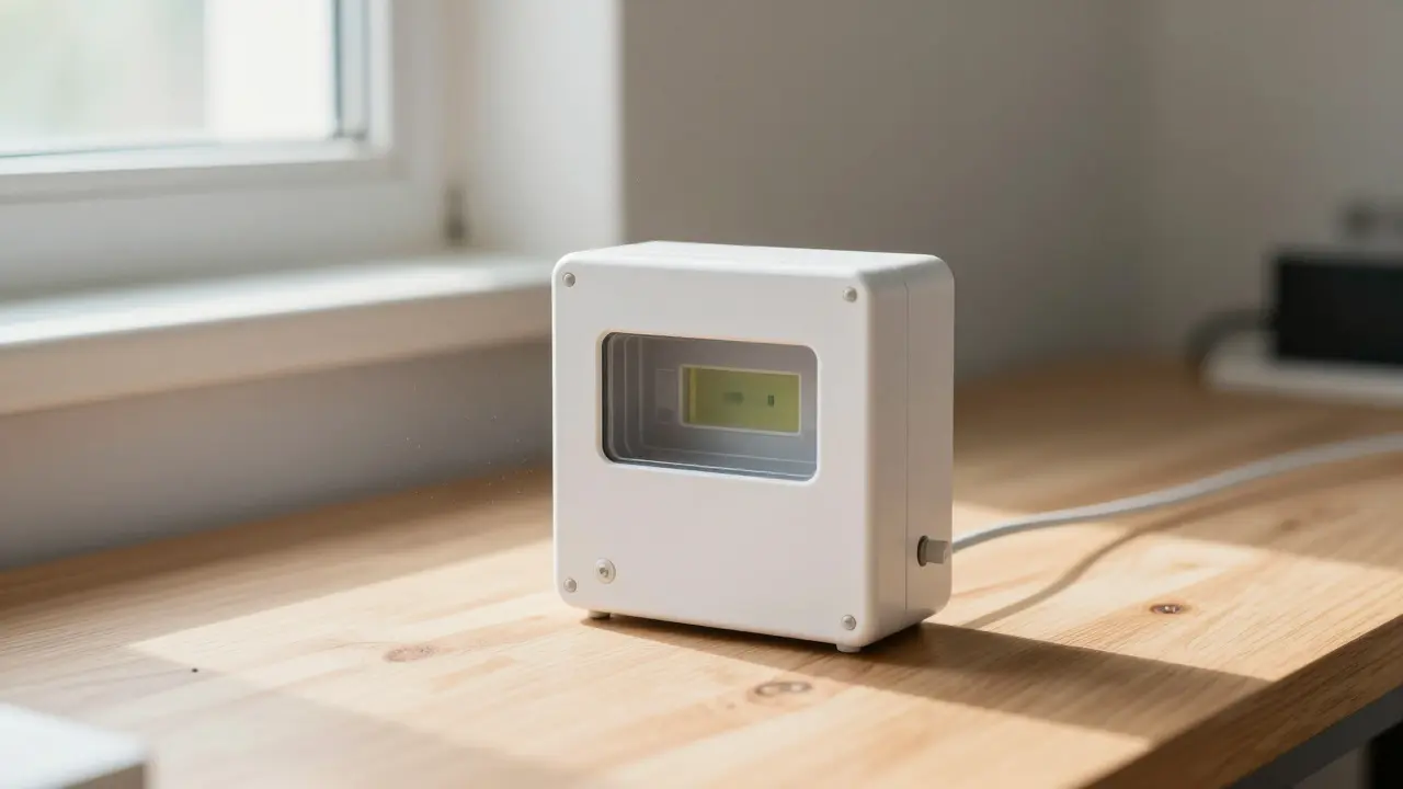 Passives Radon-Messgerät auf einem Tisch im Keller bei natürlichem Licht.