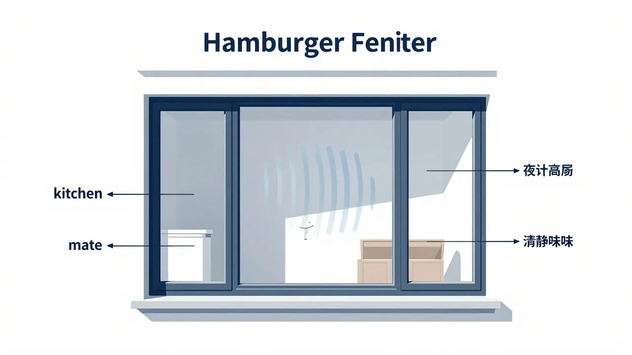 Querschnitt eines Hamburger Fensters zur architektonischen Lärmminderung