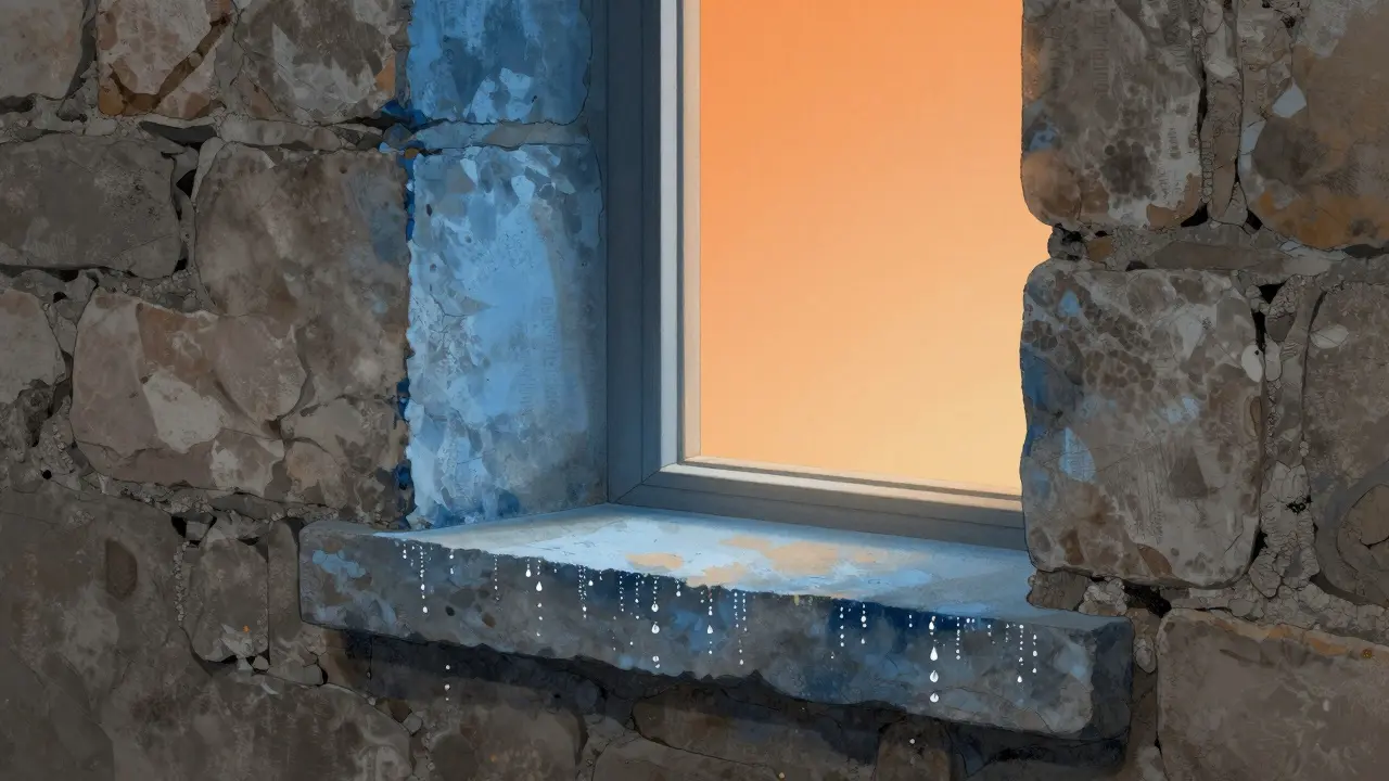 Schnittbild zeigt Wärmebrücke und Kondenswasser am Fenster