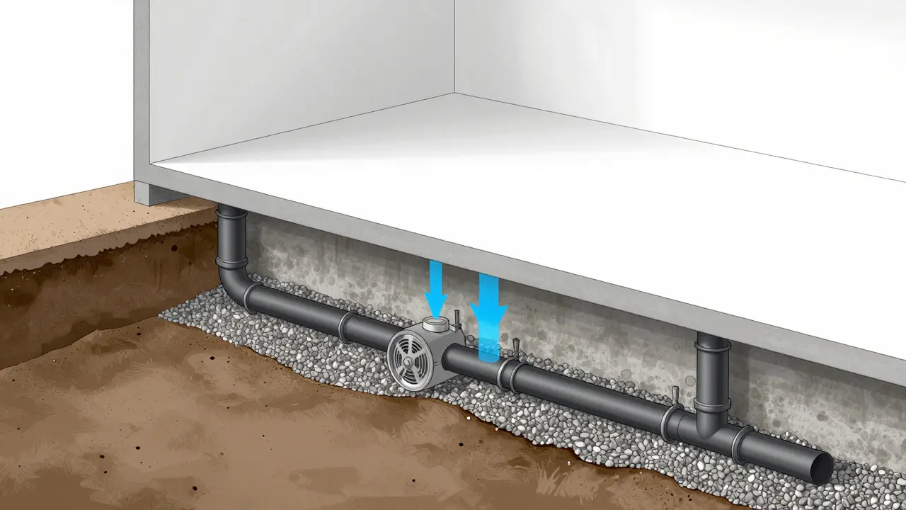Schnittzeichnung einer aktiven Unterdruckanlage zur Radonsanierung im Fundament.