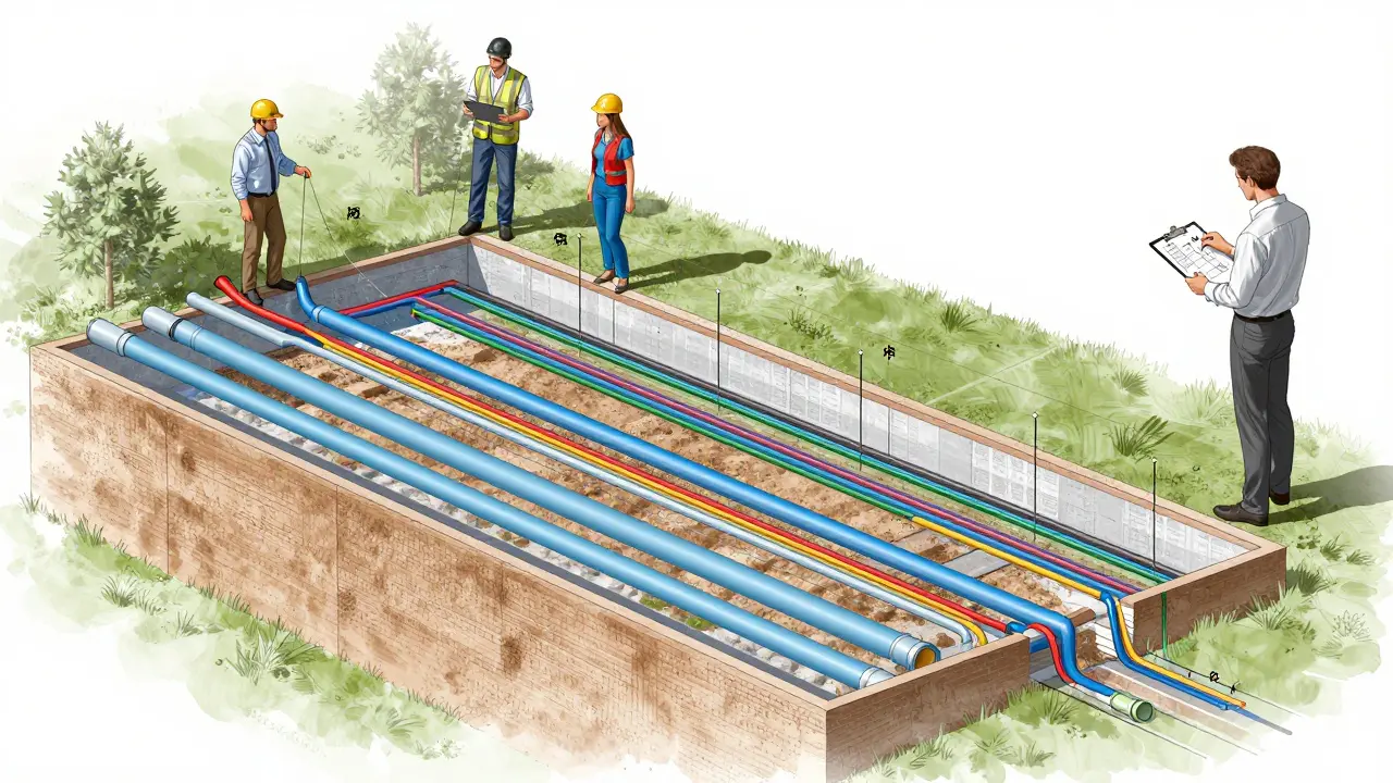 Technische Zeichnung von Infrastrukturkosten und Vermessung auf Baugrundstück