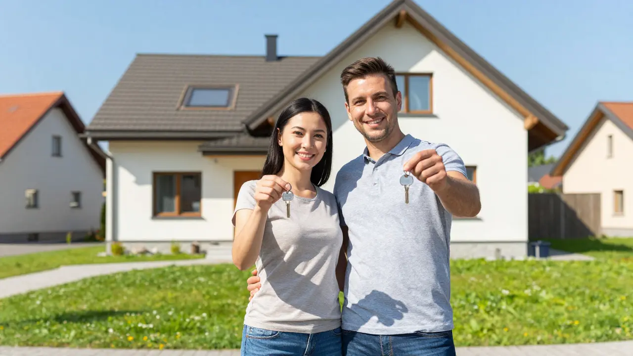 Zufriedenes Paar vor ihrem neuen Zuhause mit Schlüsselbund, Symbol für erfolgreiche Finanzierung.
