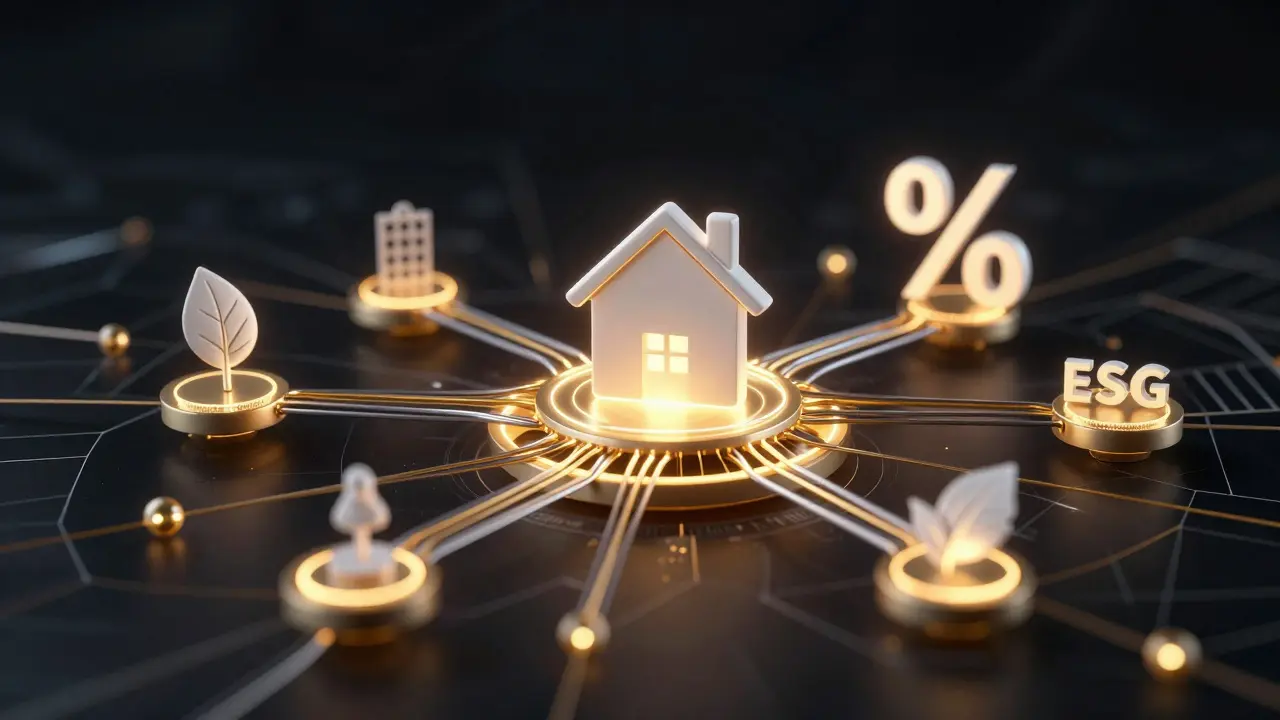 Abstrakte Darstellung eines KI-Netzwerks mit Symbolen für Immobilien und Zinsen
