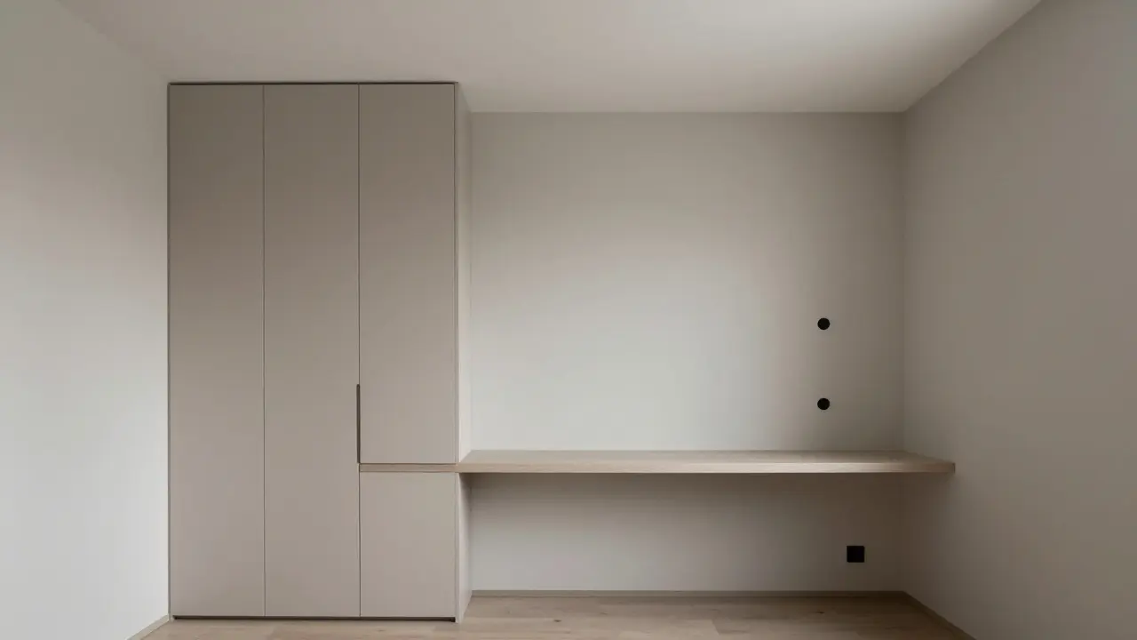 Aufgeräumtes Wohnzimmer mit geschlossenen Schränken und Ordnung