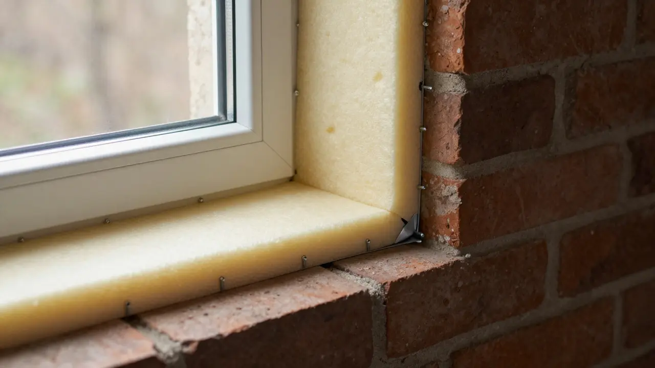 Detailansicht einer korrekt gedämmten Fensterlaibung im Mauerwerk