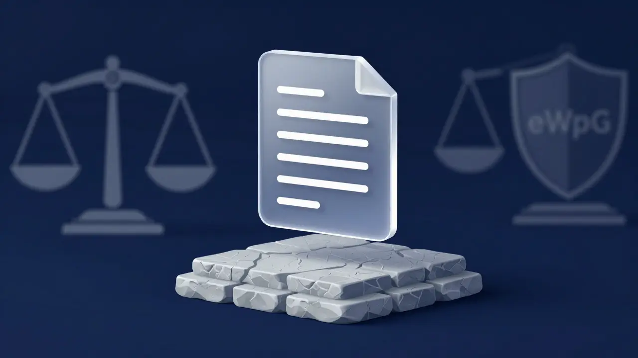 Digitales Dokument über Steinfundament mit Symbolen für Recht und Sicherheit