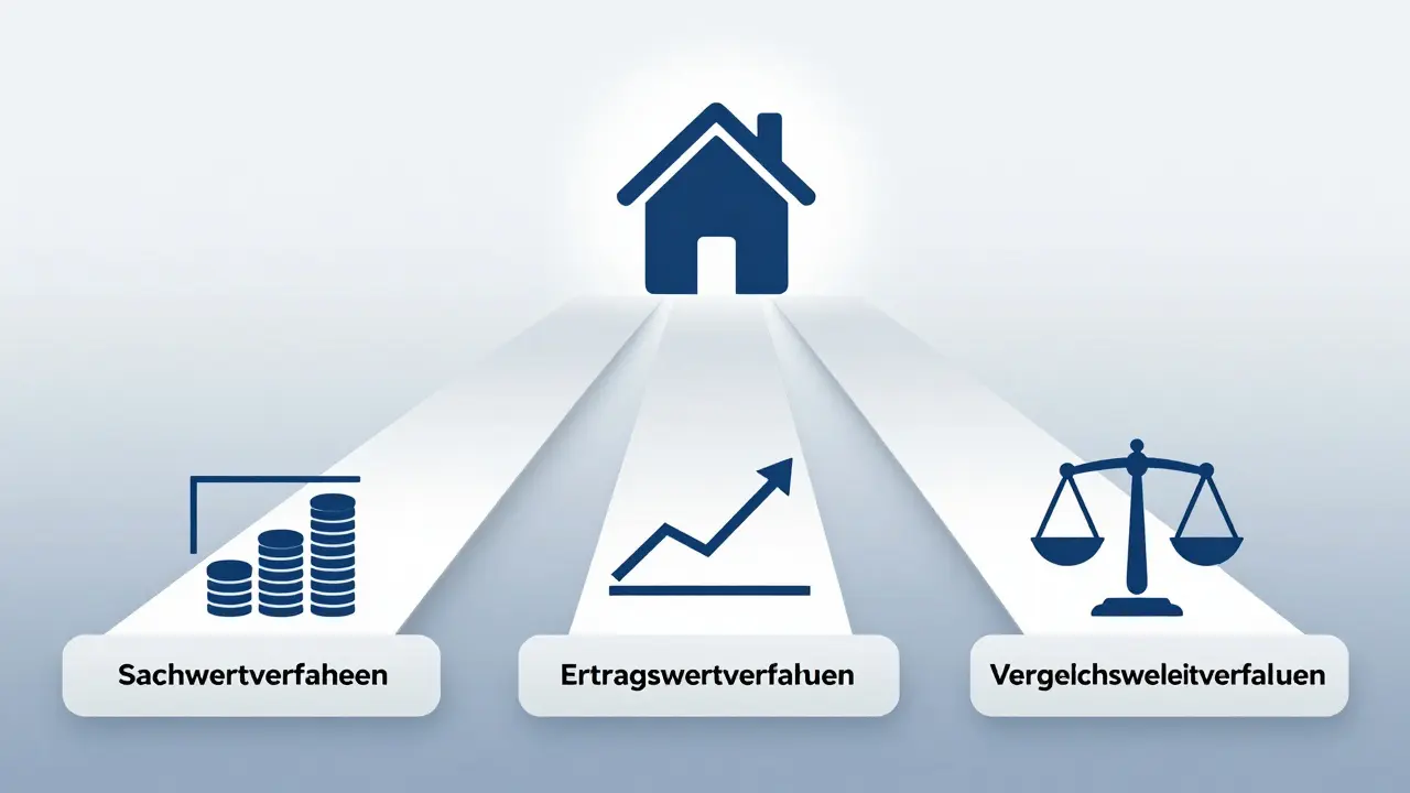 Drei Pfade mit Symbolen für verschiedene Immobilienbewertungsverfahren