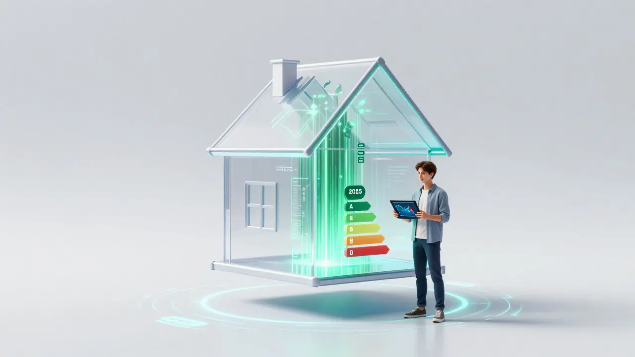 Futuristisches Hausmodell mit digitalen Datenströmen für moderne Immobilien