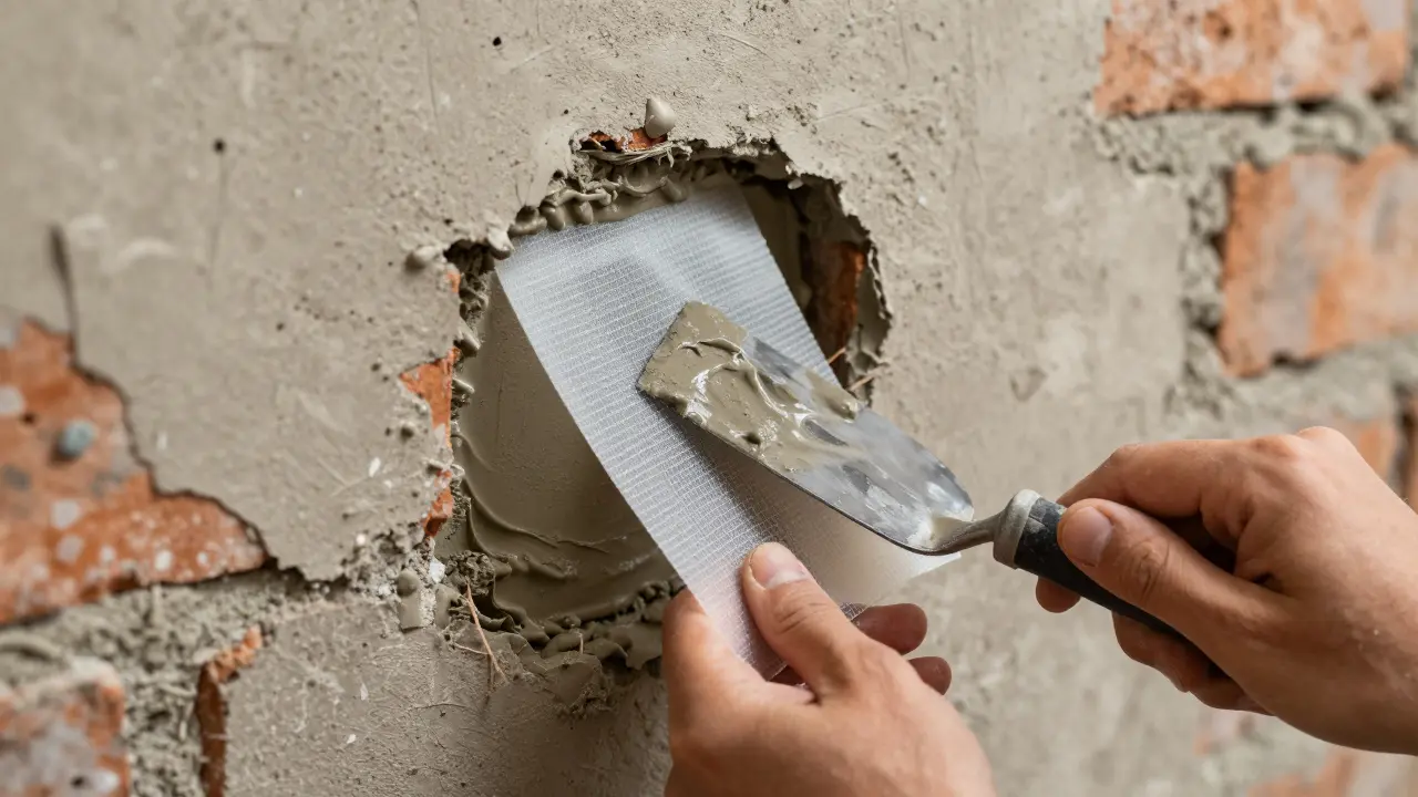 Glasfasergewebe wird als Armierung in eine große Öffnung in einer Mauerwerkswand gepresst