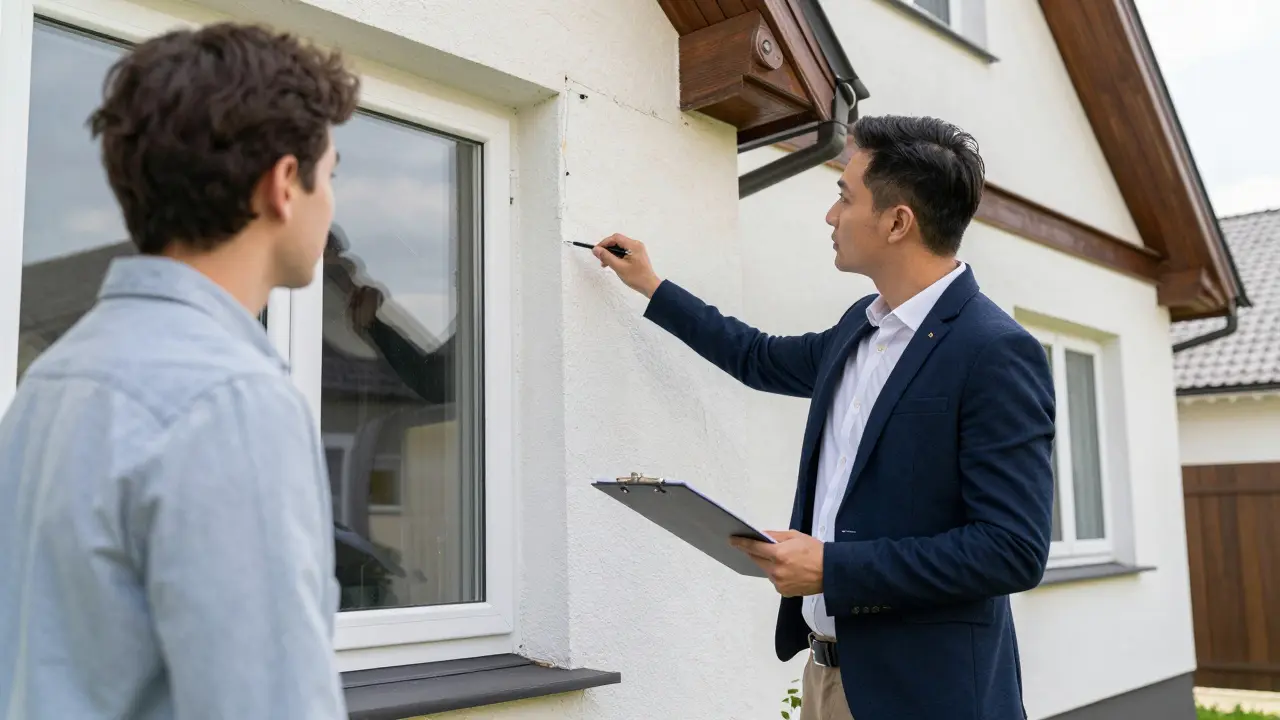Gutachter prüft das Äußere eines Hauses mit Klemmbrett