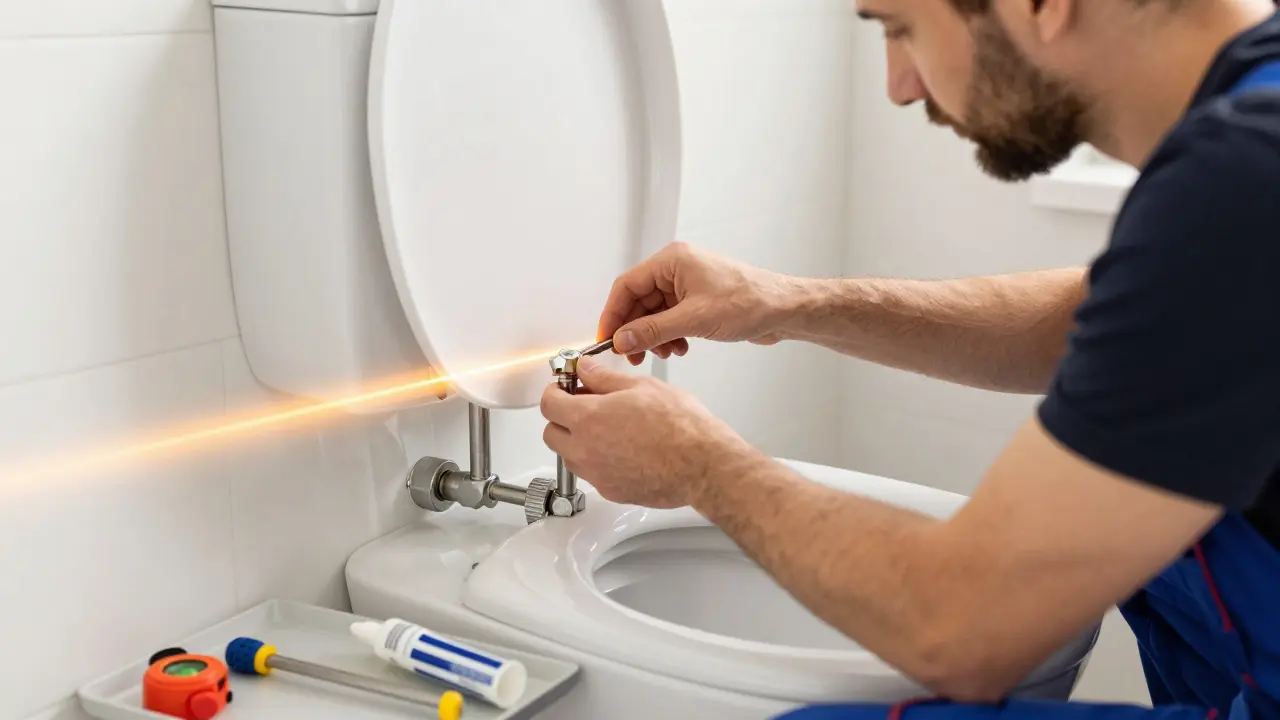 Handwerker installiert ein Hänge-WC mit Lasermessgerät