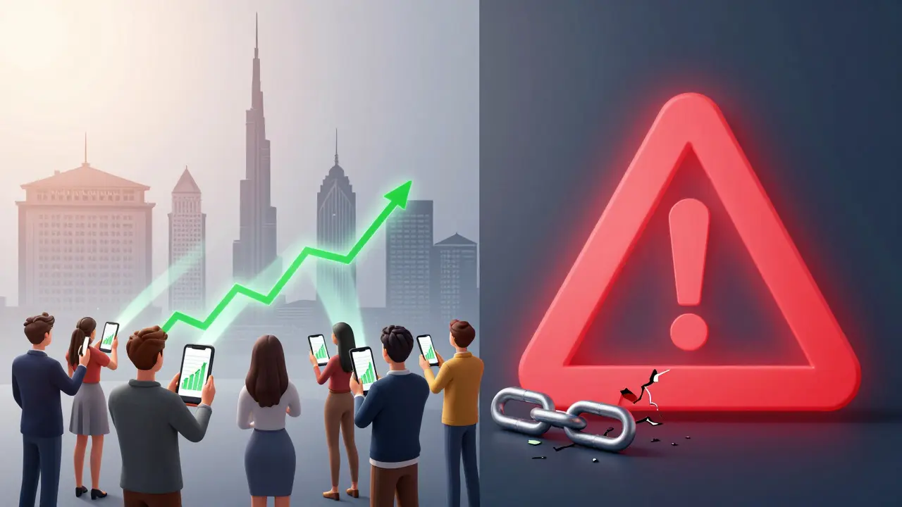 Investoren mit Smartphones verbunden zu globalen Gebäuden, Risiko-Hinweis