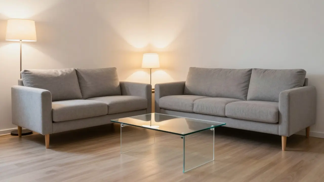 Kleines Wohnzimmer mit Möbeln auf Beinen und dezentralem Licht