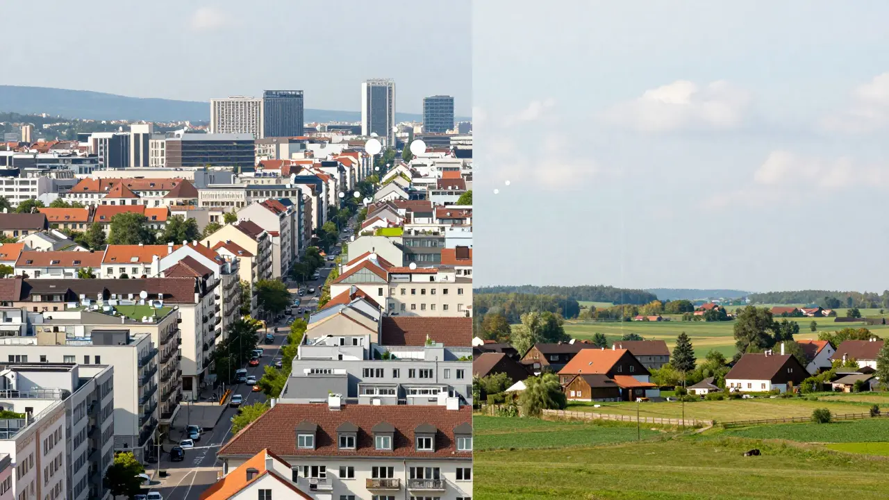 Kontrast zwischen städtischer und ländlicher Landschaft mit überlagerten Datengittern