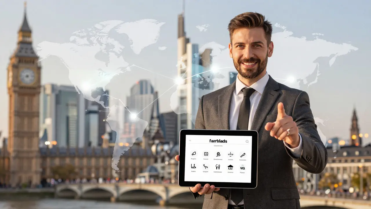 Makler nutzt digitale Tools und globale Netzwerke, um internationale Investoren für deutsche Immobilien zu gewinnen.