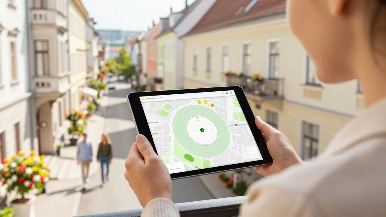 Person auf Balkon mit digitaler Karte, die Vorteile der direkten Nachbarschaft und Infrastruktur zeigt.