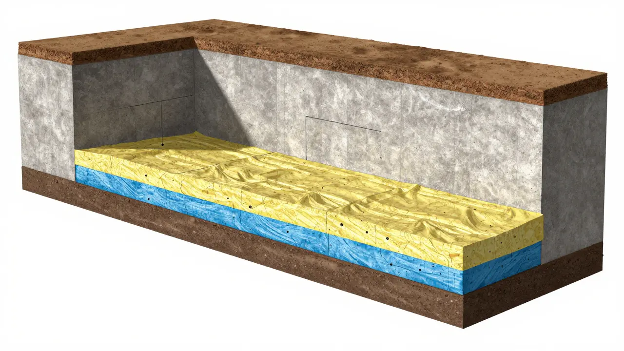 Schnitt durch das Fundament mit durchgehender Perimeterdämmung im Erdreich