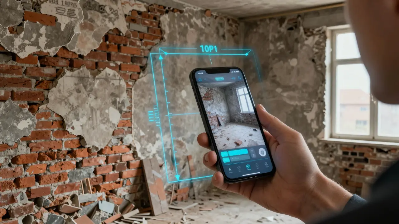 Smartphone mit AR-Overlay misst alte Mauerwerkswände für die Renovierung