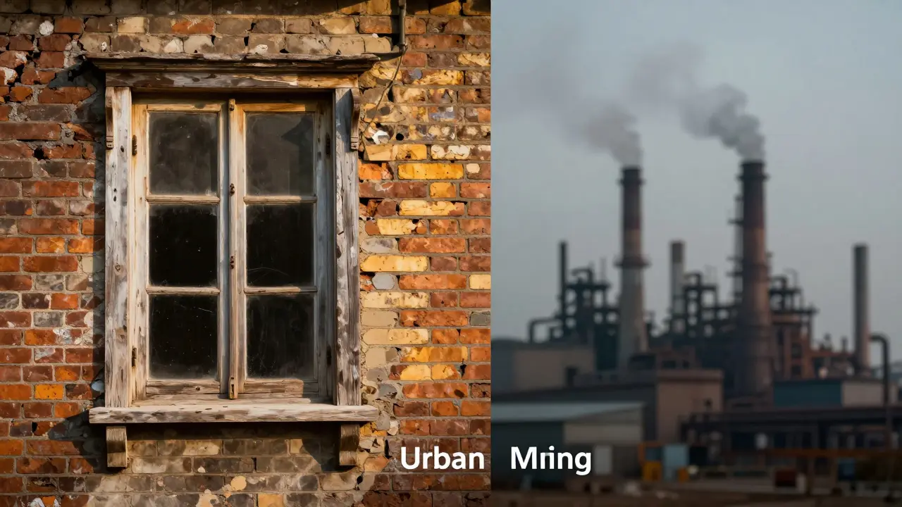Vergleich von wiederverwendeten alten Baumaterialien und industrieller Neuproduktion