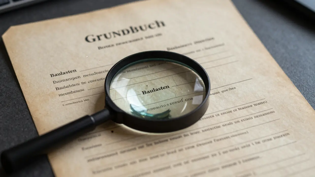 Vergrößerungsglas über altem Grundbuch mit versteckten Belastungen